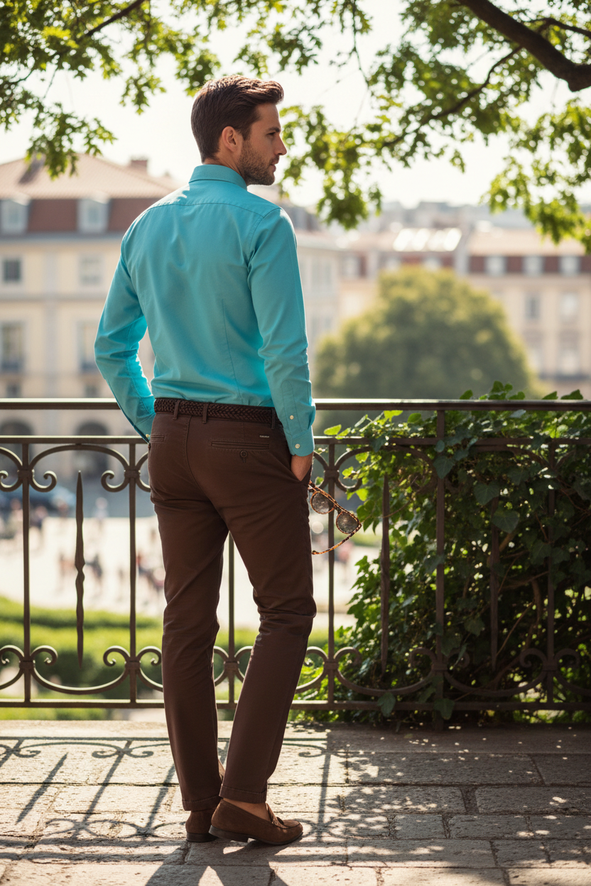 Look BOUMAN - Camisa OXFORTOR Turquesa con Pantalón LAGO Marrón Chocolate